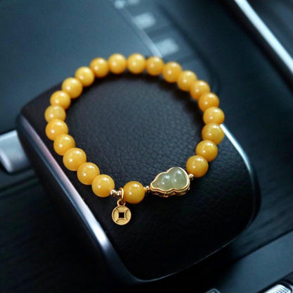 Natural Chicken Fat Yellow Beeswax Buddha Beads Bracelet for Women Amber Hetian Jade Single Circle Bracelet Retro Chinese Style Design