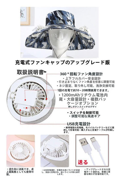 Men's Summer Wide Brim Dual Fan USB Rechargeable Fan Hat Adult Outdoor Sunshade Sun Protection Fishing Work Hat
