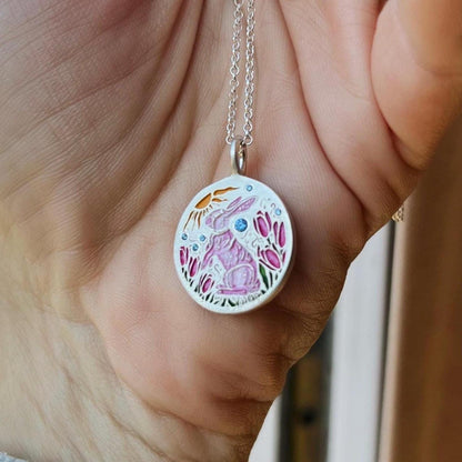 Titanium Steel New Hand-Painted Oil-Drip Rabbit Element Pet Oval Tarot Card Necklace Color-Retaining 18K Gold Plating