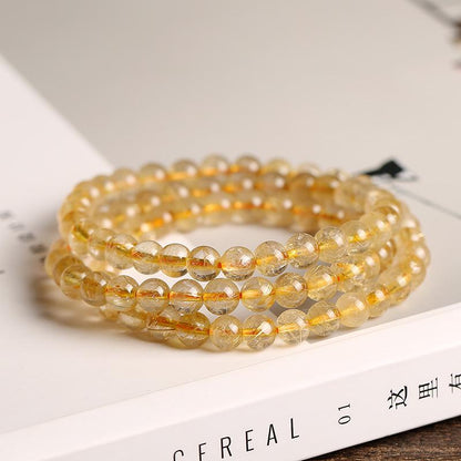 Natural Golden Rutilated Quartz Bracelet Wrapped 3 Times 6mm Golden Rutilated Quartz Multi-Wrap Bracelet Titanium Quartz Bead Bracelet Crystal Round and Full