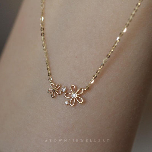S925 Sterling Silver 14K Gold Plated Necklace Two Small Flowers Girl Japanese and Korean Simple Elegant Everyday Versatile Collarbone Chain for Women