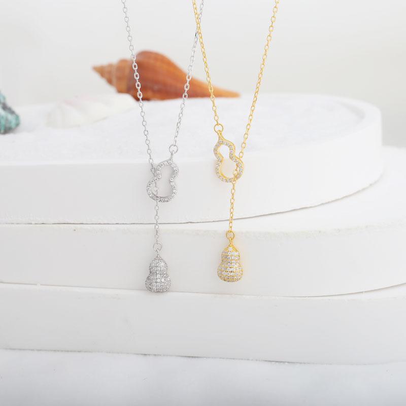 Niche Tassel Inlaid Diamond Gourd National Style S925 Sterling Silver Necklace for Women High-end Non-fading Hollow Small Gourd Jewelry