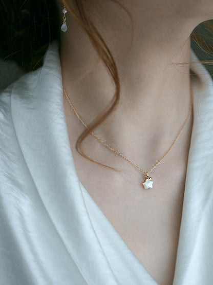 Polaris S925 Silver Plated 18K Gold Iridescent White Mother-of-Pearl Simple Aesthetic Style Ins Internet Celebrity Collarbone Pure Silver Necklace