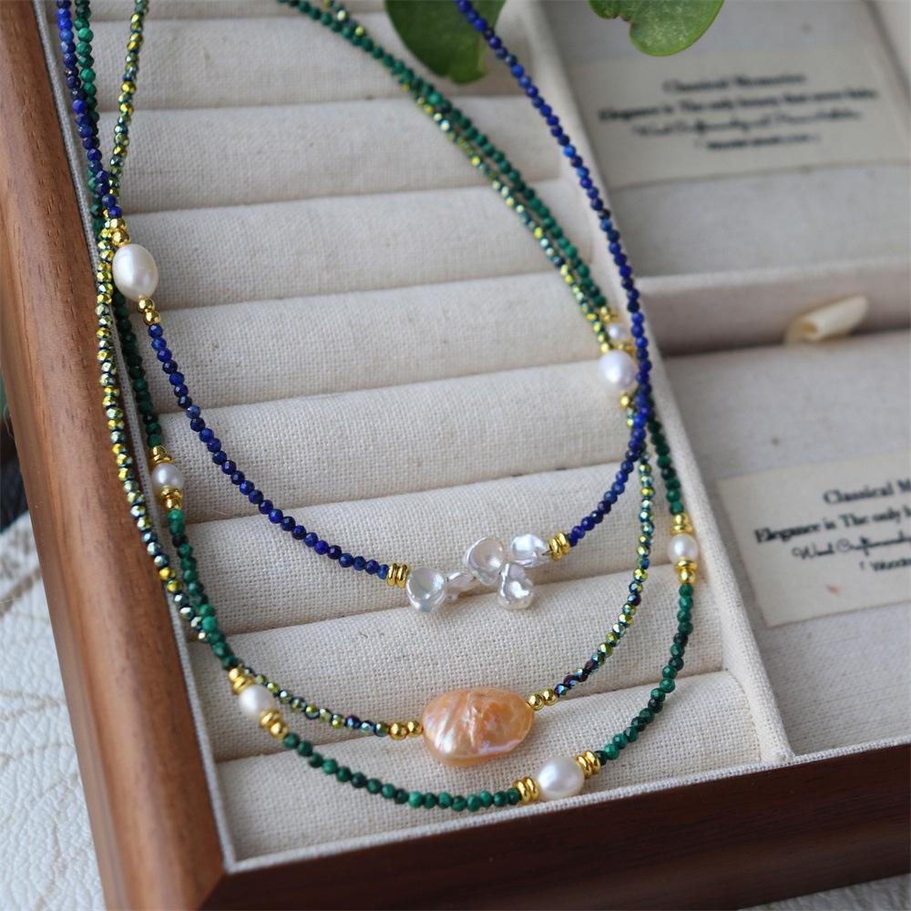 Design Simple Natural Lapis Lazuli Malachite Freshwater Petal Pearl Necklace Ultra-fine Layered Collarbone Chain Necklace