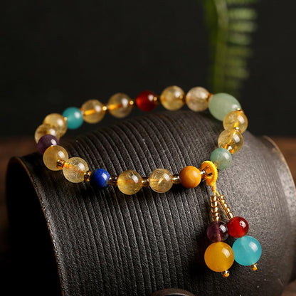 Original Design Multi-Gemstone Jewelry Brazilian Natural Golden Rutilated Quartz Bracelet for Women Vintage Agate Pink Quartz Bracelet