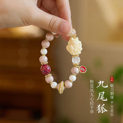 Temple Style Nine-Tailed Fox Ash Porcelain Glass Bracelet for Women Fox Demon Little Matchmaker Peach Blossom Good Luck Bead Bracelet