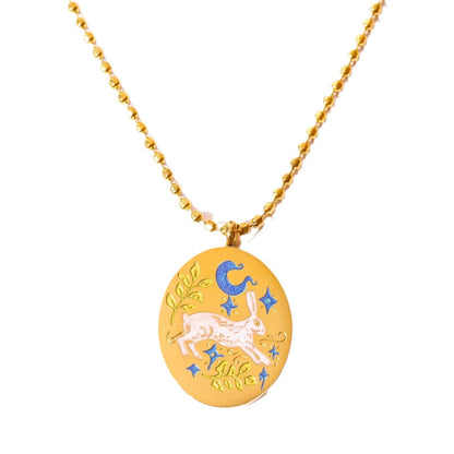 Titanium Steel New Hand-Painted Oil-Drip Rabbit Element Pet Oval Tarot Card Necklace Color-Retaining 18K Gold Plating