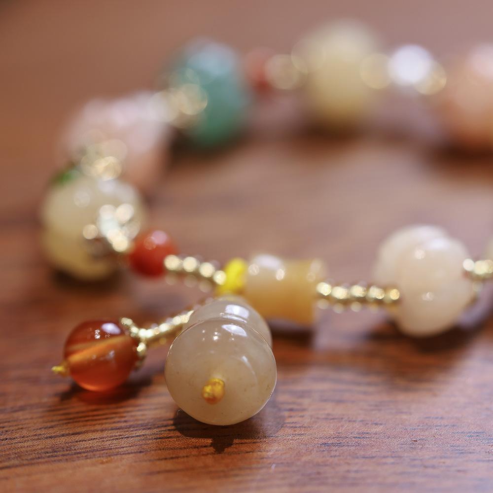 Natural Xinjiang Golden Silk Jade Bracelet for Best Friends and Couples, Ethnic Style Pumpkin Beads, Bamboo Knot, Straight Hole Gourd Jade Bracelet
