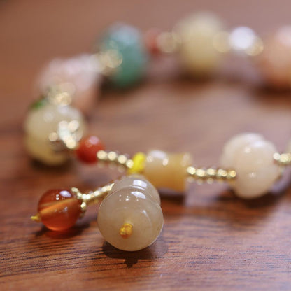 Natural Xinjiang Golden Silk Jade Bracelet for Best Friends and Couples, Ethnic Style Pumpkin Beads, Bamboo Knot, Straight Hole Gourd Jade Bracelet