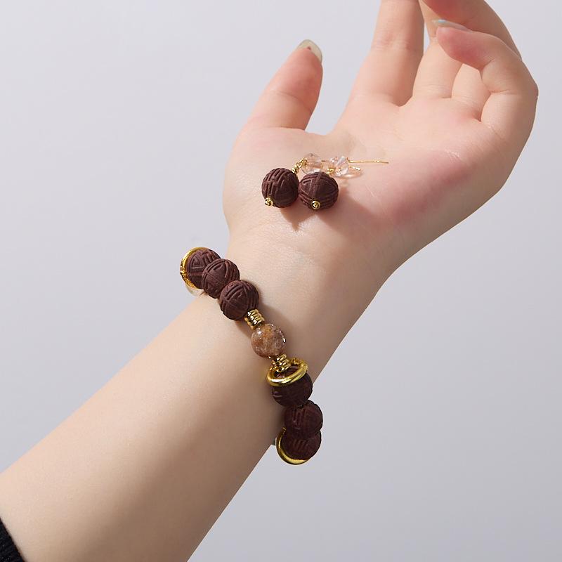 Handmade DIY Ancient Method Incense Bead Bracelet Golden Rutilated Quartz Red Agate Crystal Bracelet Medicinal Incense Bead Handcraft