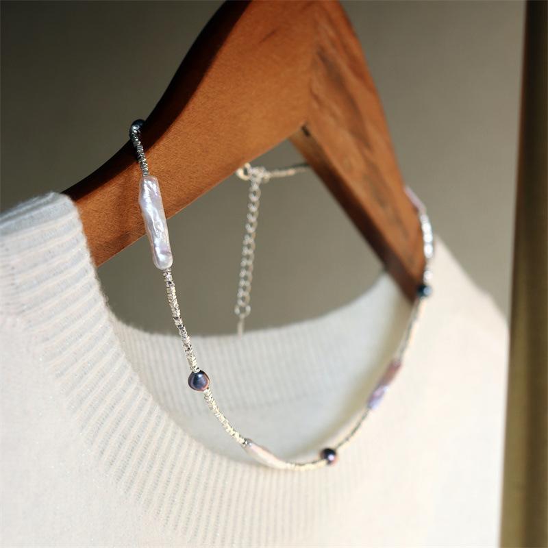 Elegant Design Light Luxury Minimalist Style Broken Silver Irregular Freshwater Pearl Small Silver Bar Handmade Beaded Necklace