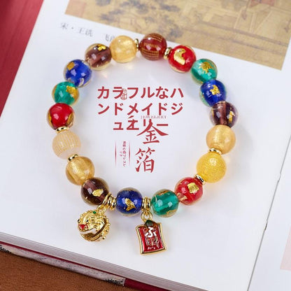 Five-Color Gold Foil Heart Sutra Multi-Treasure Glazed Bell Lion Awakening Bracelet Flawless Bracelet