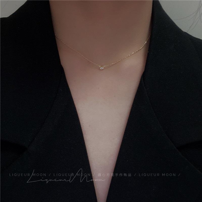 Single Mini Moissanite Sparkling Diamond Sterling Silver Necklace Simple Layered European and American Style Short Exquisite Collarbone Chain