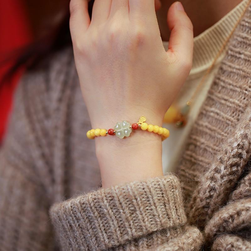 Natural Chicken Fat Yellow Beeswax Buddha Beads Bracelet for Women Amber Hetian Jade Single Circle Bracelet Retro Chinese Style Design