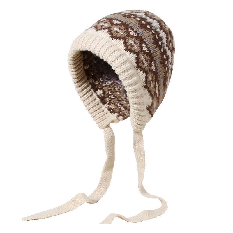 Korean Style Hat for Women Winter Knitted Drawstring Slouchy Beanie Fair Isle Style Retro Versatile Wool Hat for Women