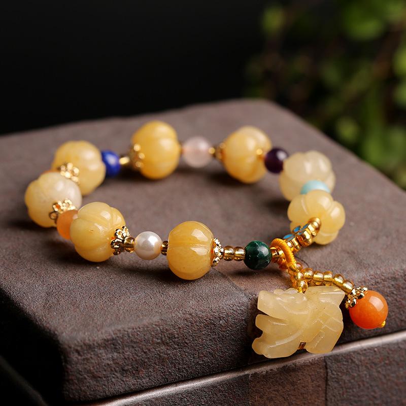 Gold Silk Jade Bracelet Wholesale Drum Beads Pumpkin Beads Gourd Ethnic Style Bracelet Yellow Jade Pixiu Bracelet for Women