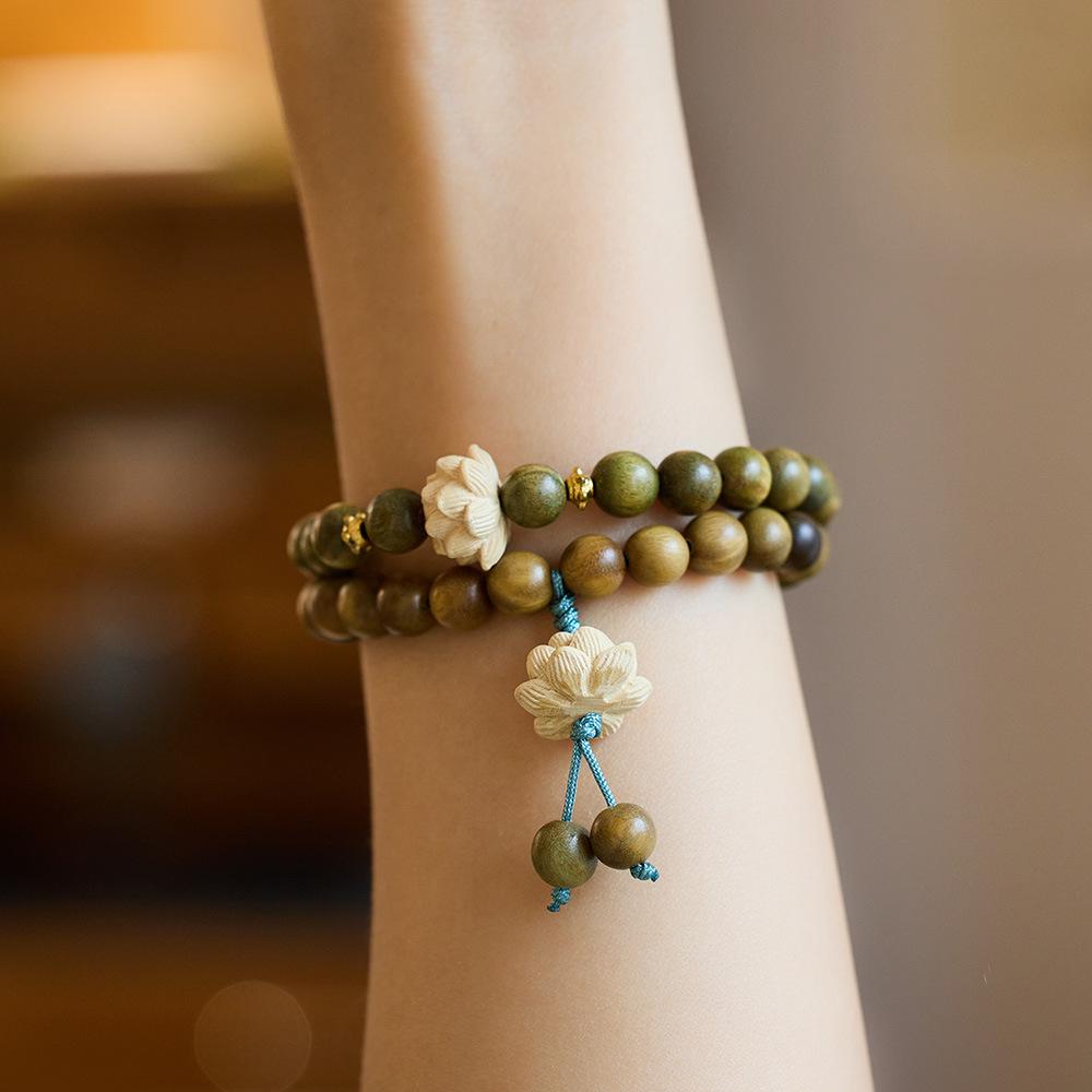 Original Green Sandalwood Bracelet for Female Students, Soft on Fingers, Men's Cultural Play, Buddhist Beads, Sandalwood, Lotus Flower Bracelet, Peripheral Accessories