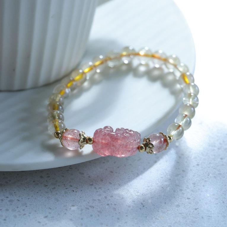 Natural 6MM Golden Rutilated Quartz Bracelet for Women Strawberry Quartz Pixiu Bracelet Crystal Jewelry Design Gift for Best Friend