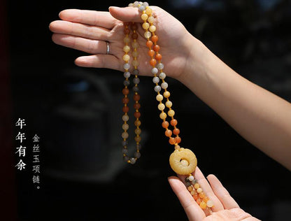 Qipao Beautifully Paired with Xinjiang Gold Silk Jade Sweater Chain Necklace Rose Blossom Prosperity Women's Clothing Hanging Chain Accessories Ethnic Style