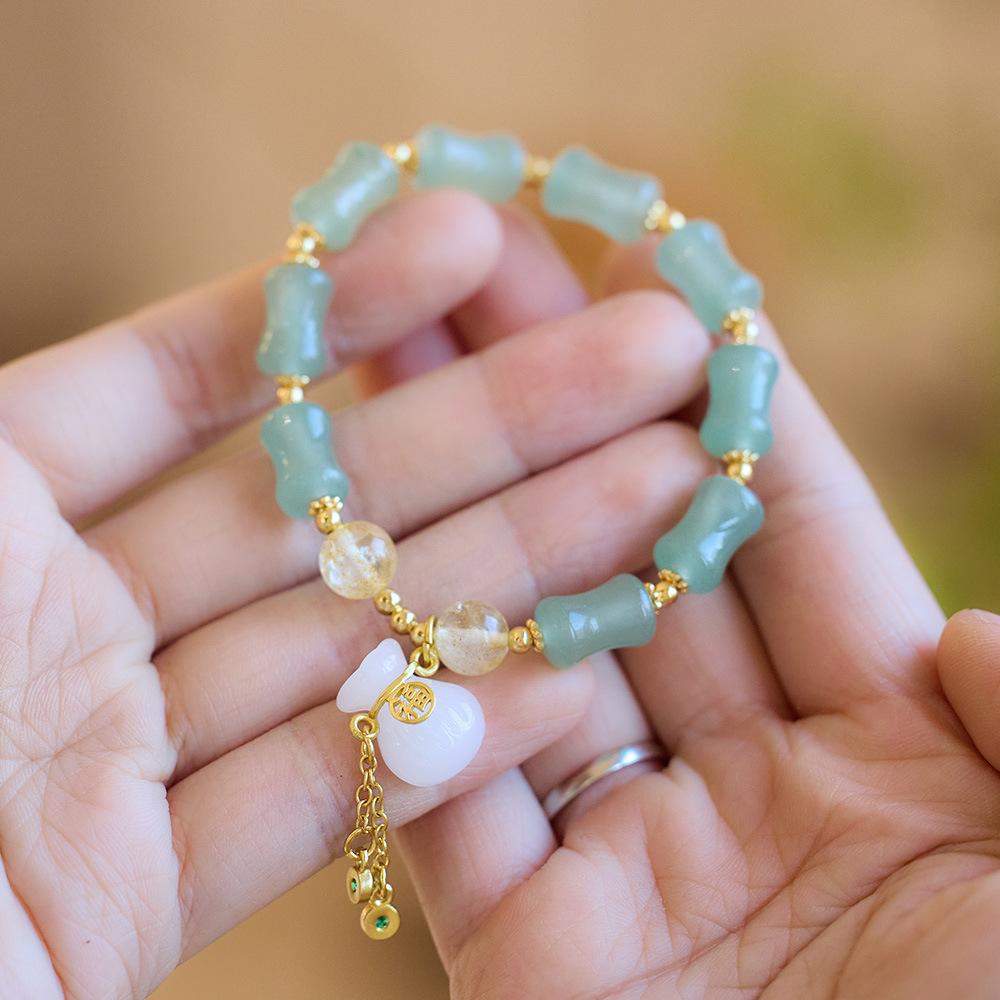 New Chinese Style Natural Golden Silk Jade Bracelet for Women, Tianshan Jade Bamboo Knot Money Bag Single Circle Bracelet, Gobi Jade Stone Bracelet