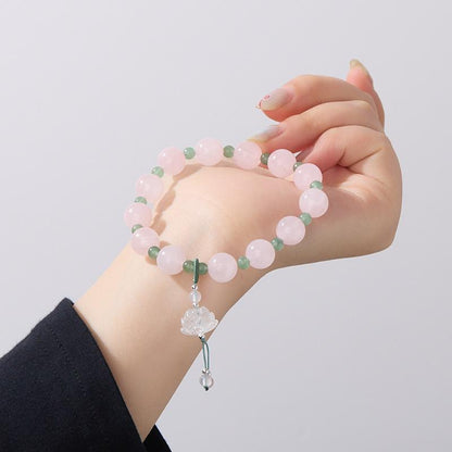 Natural 10MM Rose Quartz Bracelet for Women, Curved Courtyard Style Lotus Pink Crystal Good Luck Lotus Bead Bracelet