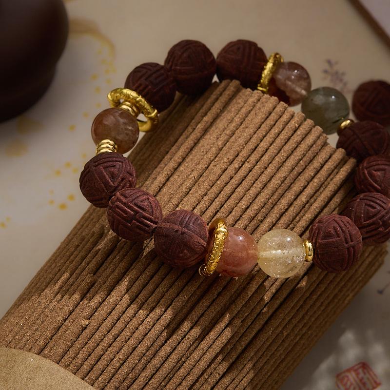 Handmade DIY Ancient Method Incense Bead Bracelet Golden Rutilated Quartz Red Agate Crystal Bracelet Medicinal Incense Bead Handcraft