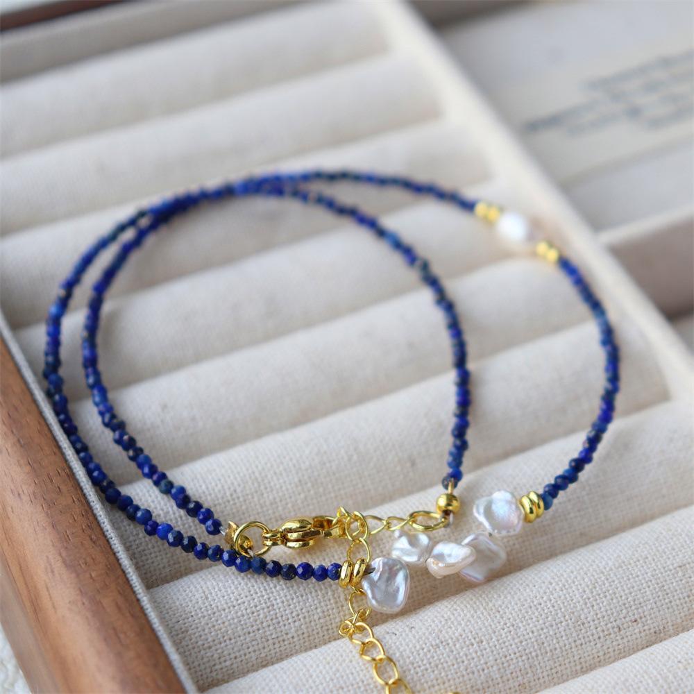 Design Simple Natural Lapis Lazuli Malachite Freshwater Petal Pearl Necklace Ultra-fine Layered Collarbone Chain Necklace