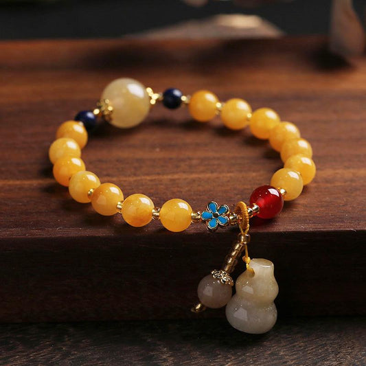 Natural Xinjiang Golden Silk Jade Yellow Bracelet Best Friend Gift Small Gourd Tassel Women's Round Bead Jade Bracelet