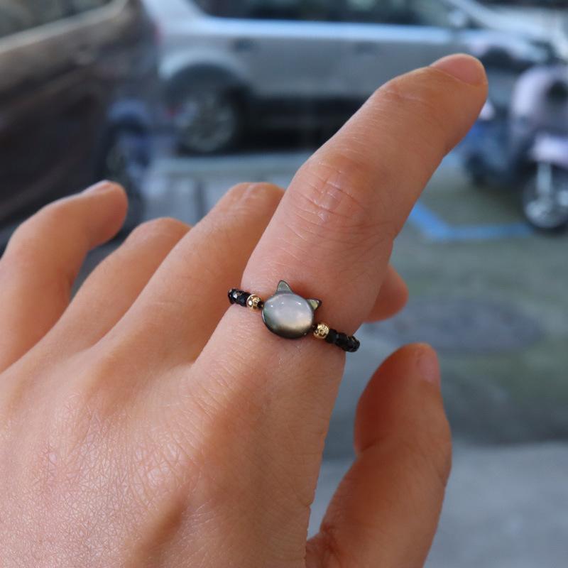 Natural Black Mother-of-Pearl Ultra-Fine Black Spinel Cat Ring Crystal Stone Natural Black Crystal Personality Beaded Ring