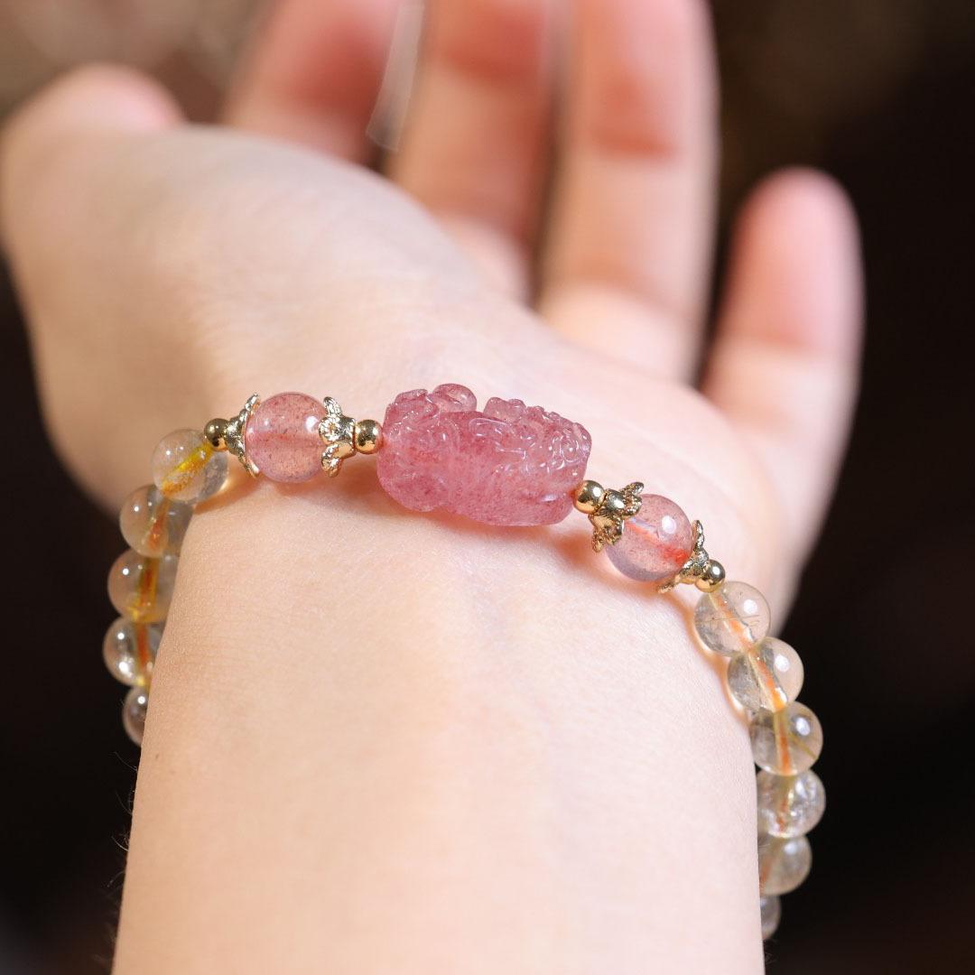 Natural 6MM Golden Rutilated Quartz Bracelet for Women Strawberry Quartz Pixiu Bracelet Crystal Jewelry Design Gift for Best Friend