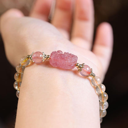 Natural 6MM Golden Rutilated Quartz Bracelet for Women Strawberry Quartz Pixiu Bracelet Crystal Jewelry Design Gift for Best Friend