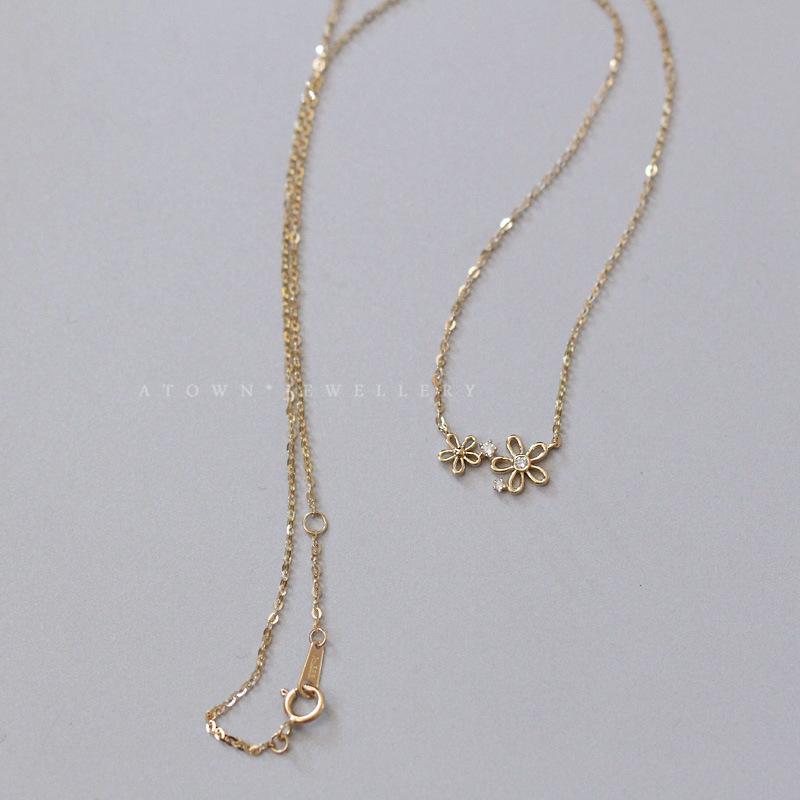 S925 Sterling Silver 14K Gold Plated Necklace Two Small Flowers Girl Japanese and Korean Simple Elegant Everyday Versatile Collarbone Chain for Women