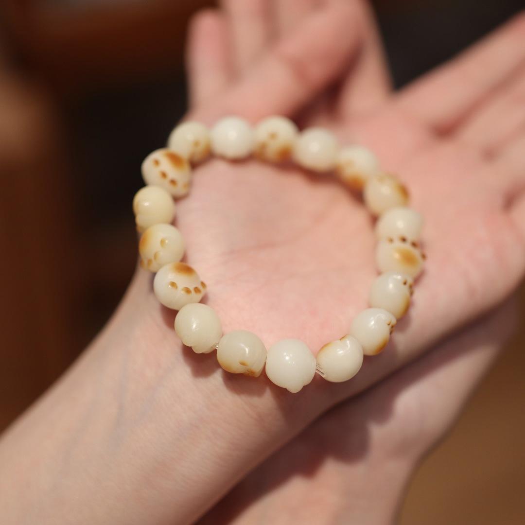 White Jade Bodhi Root Bracelet, Fired Cat Paw Bodhi Seed Bracelet, High Polished Single Circle Buddha Beads, Cultural Game Prayer Beads