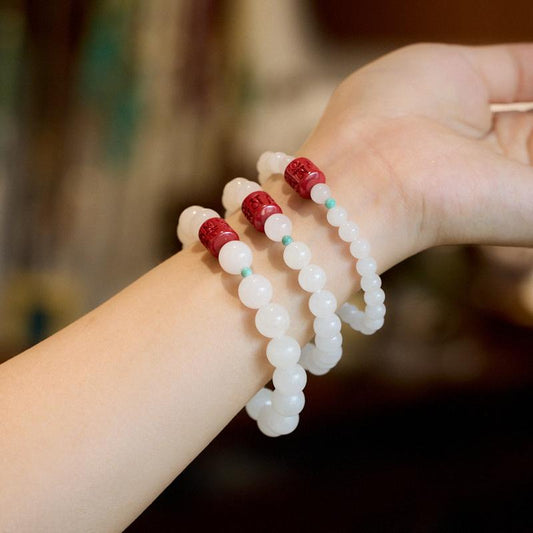 Hetian White Jade Bracelet for Women with Cinnabar Six-Word Mantra, Jadeite Hetian Jade Beads, Zodiac Year Gift