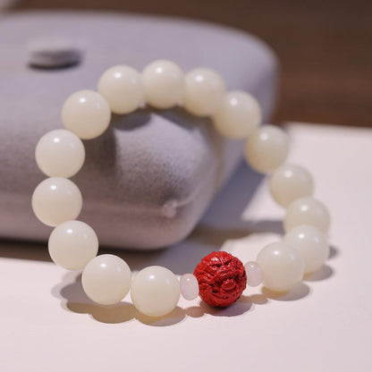 Natural 12MM White Jade Bodhi Bracelet with Cinnabar and Red Sand Pixiu, Soft Wrap-around Bead Bracelet for Men and Women, Single Circle Buddhist Prayer Beads