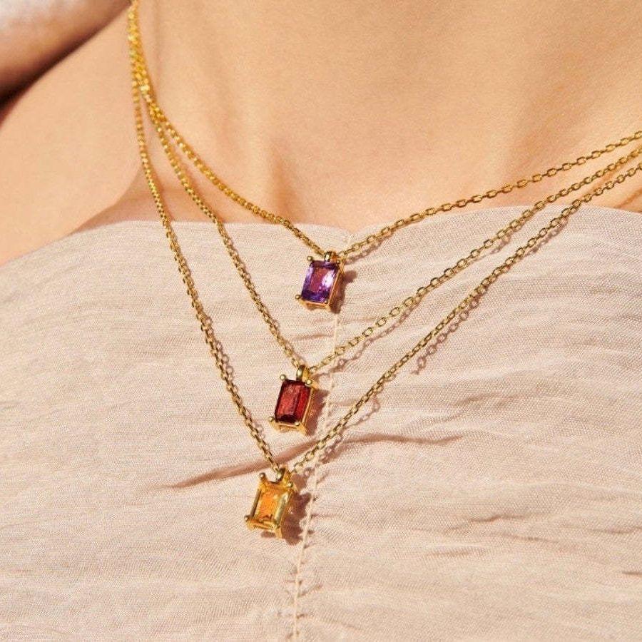 Titanium Steel Necklace Rectangular December Birthstone Pendant Colorful Zircon Clavicle Chain for Women Titanium Steel Plated with 18K Gold Color Retention