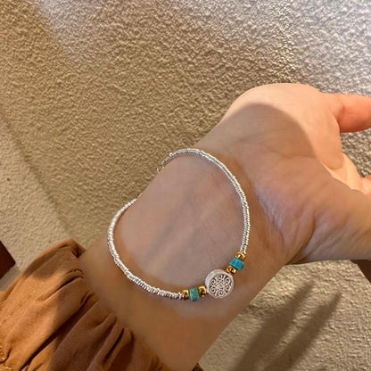 925 Sterling Silver Bracelet Pure Silver Turquoise Compass Coiled Fortune Pendant Handmade Woven Ethnic Style