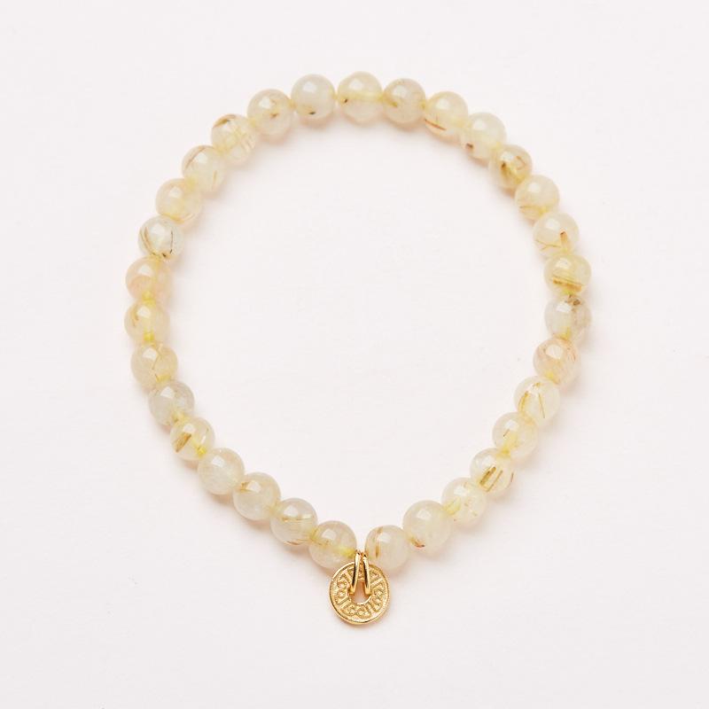 Natural 6MM Golden Rutilated Quartz Bracelet for Women, Attracting Wealth Coin Bracelet, High-End New Chinese Style Crystal Bracelet