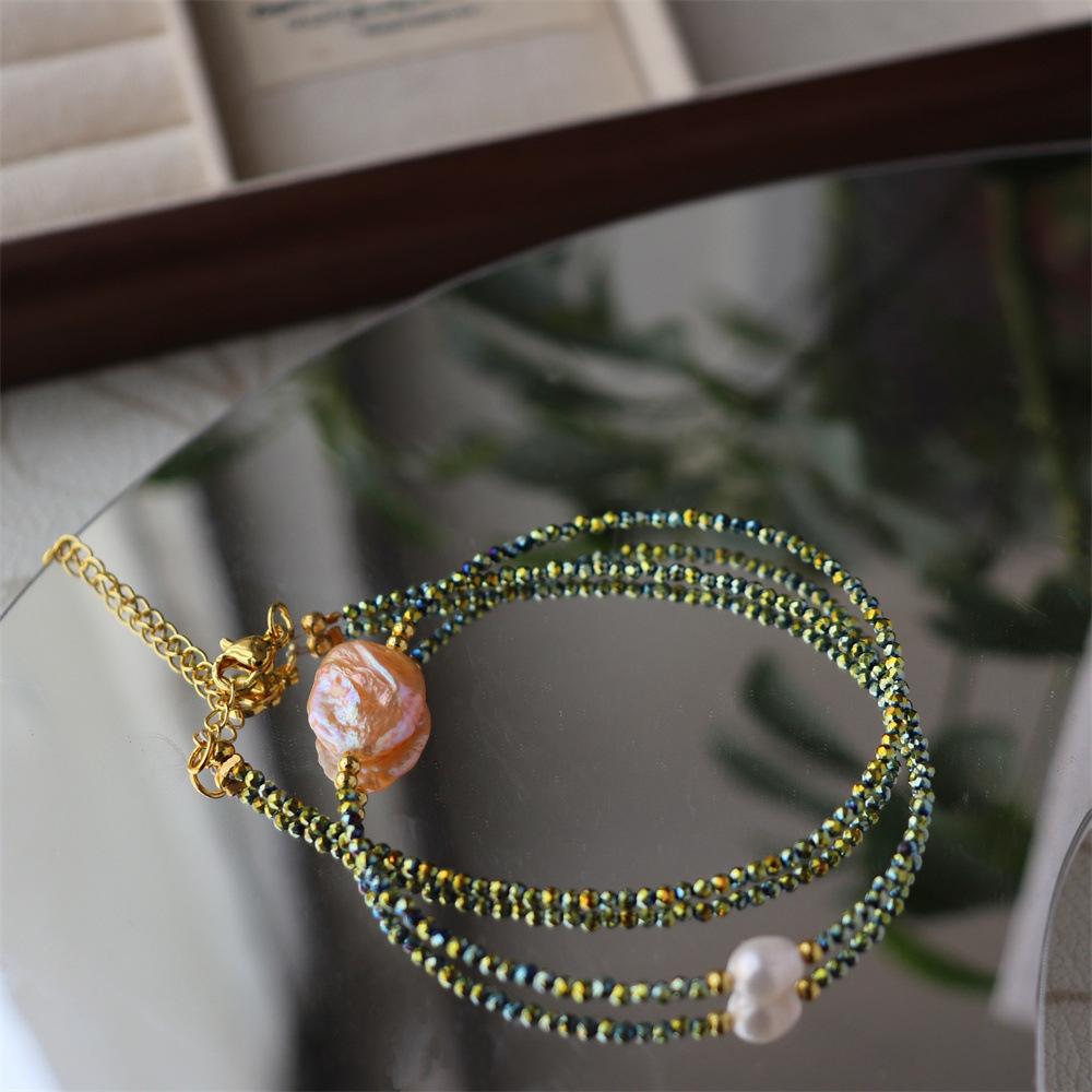 Design Simple Natural Lapis Lazuli Malachite Freshwater Petal Pearl Necklace Ultra-fine Layered Collarbone Chain Necklace