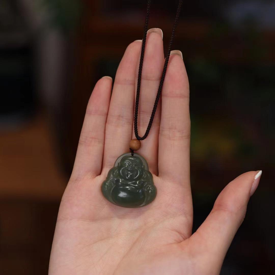Natural Hetian Jade Hugging Buddha Pendant Necklace Couple Style Jade Pendant Exquisite Carving Braided Cord