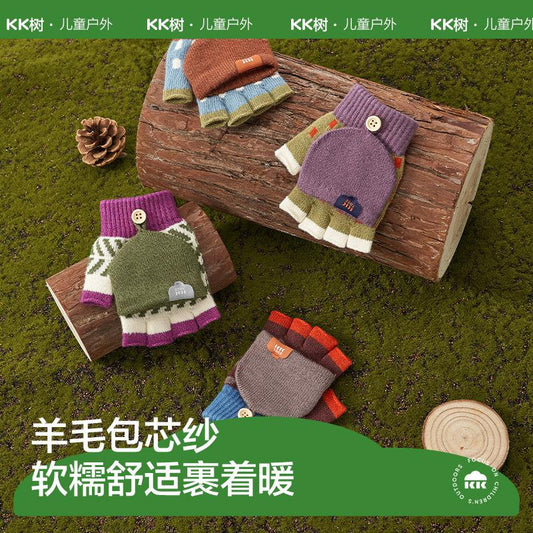 Children's Gloves Winter Boys Girls Half Finger Five Finger Flip Cover Warm Primary School Students Writing Special Class A Autumn