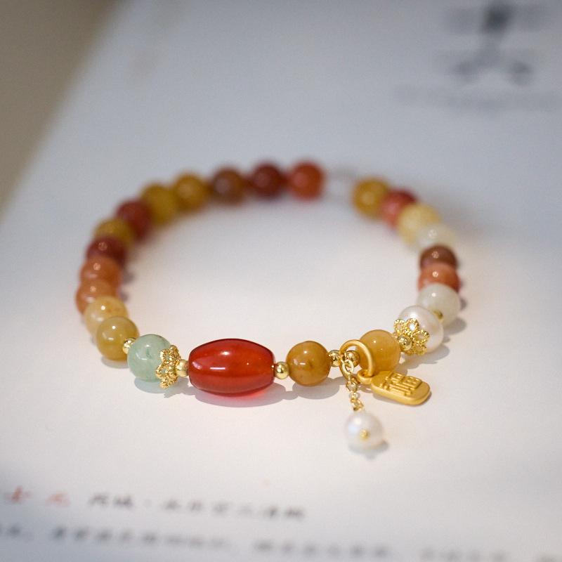 Natural Xinjiang Golden Silk Jade Bracelet for Women with Pearl Tassels, New Chinese Style, High-End Jade Bracelet, Best Friend Gift