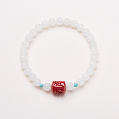 Hetian White Jade Bracelet for Women with Cinnabar Six-Word Mantra, Jadeite Hetian Jade Beads, Zodiac Year Gift