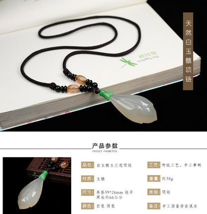 Natural Chalcedony Agate Magnolia Necklace for Women Ice White Chalcedony Pendant Sweater Necklace Versatile Jewelry