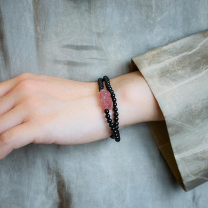 Natural Black Agate Double Circle Bracelet Strawberry Quartz Peach Blossom Girlfriends Beaded Small New Chinese Bracelet