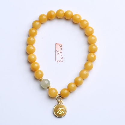 Natural Chicken Fat Yellow Beeswax Buddha Beads Bracelet for Women Amber Hetian Jade Single Circle Bracelet Retro Chinese Style Design