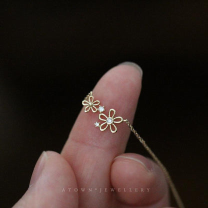 S925 Sterling Silver 14K Gold Plated Necklace Two Small Flowers Girl Japanese and Korean Simple Elegant Everyday Versatile Collarbone Chain for Women