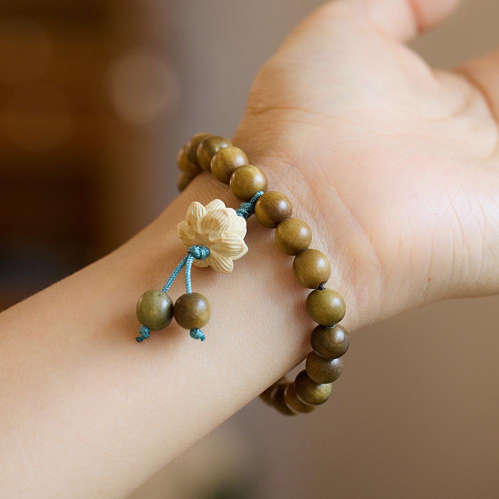 Original Green Sandalwood Bracelet for Female Students, Soft on Fingers, Men's Cultural Play, Buddhist Beads, Sandalwood, Lotus Flower Bracelet, Peripheral Accessories