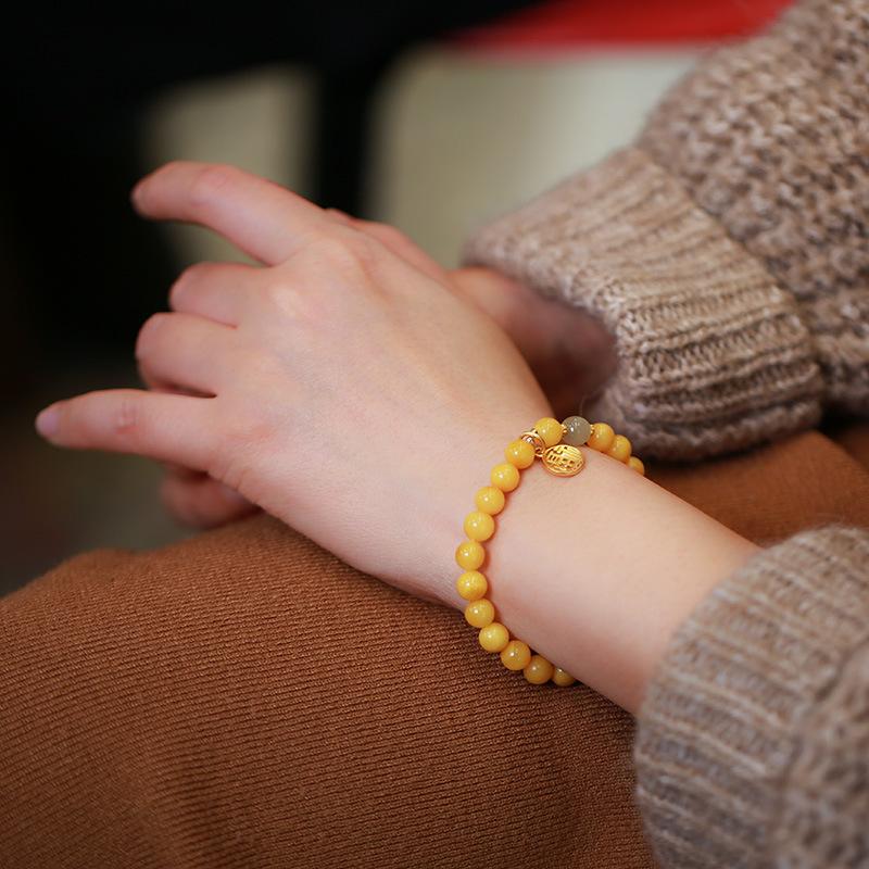 Natural Chicken Fat Yellow Beeswax Buddha Beads Bracelet for Women Amber Hetian Jade Single Circle Bracelet Retro Chinese Style Design
