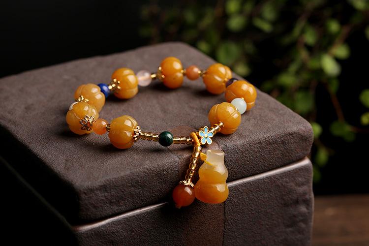 Gold Silk Jade Bracelet Wholesale Drum Beads Pumpkin Beads Gourd Ethnic Style Bracelet Yellow Jade Pixiu Bracelet for Women